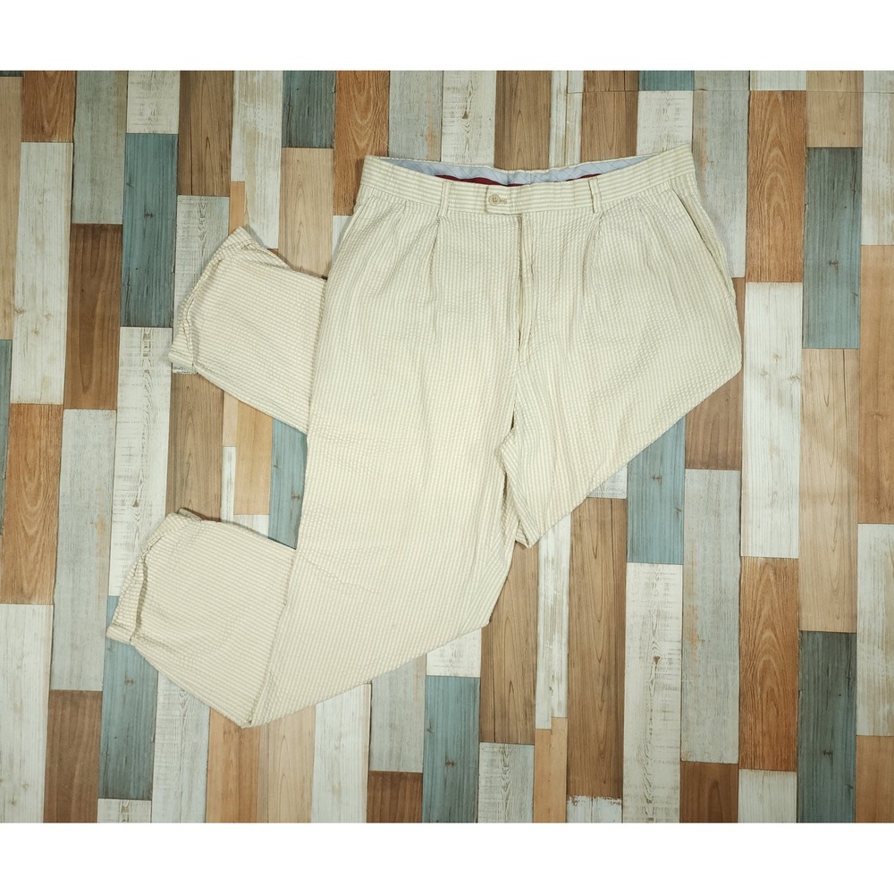 Louis Raphael Mens 38x32 Seersucker Pleated Pants Tan White Striped Cotton Chino